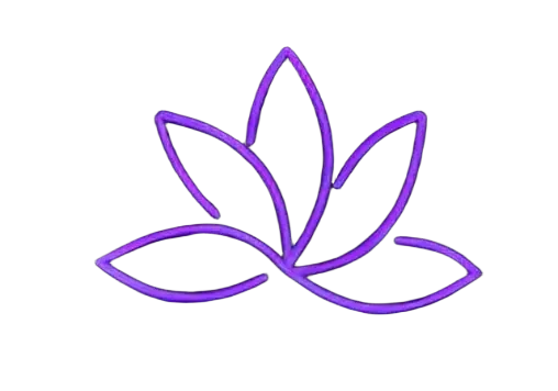 A minimalist purple neon sign depicting a stylized lotus flower glowing against a black background.